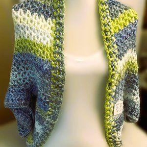 HANDMADE CROCHET COCOON SHRUG PREM. ACRYLIC- BLUE/LT. GREEN/WHITE- SIZE S